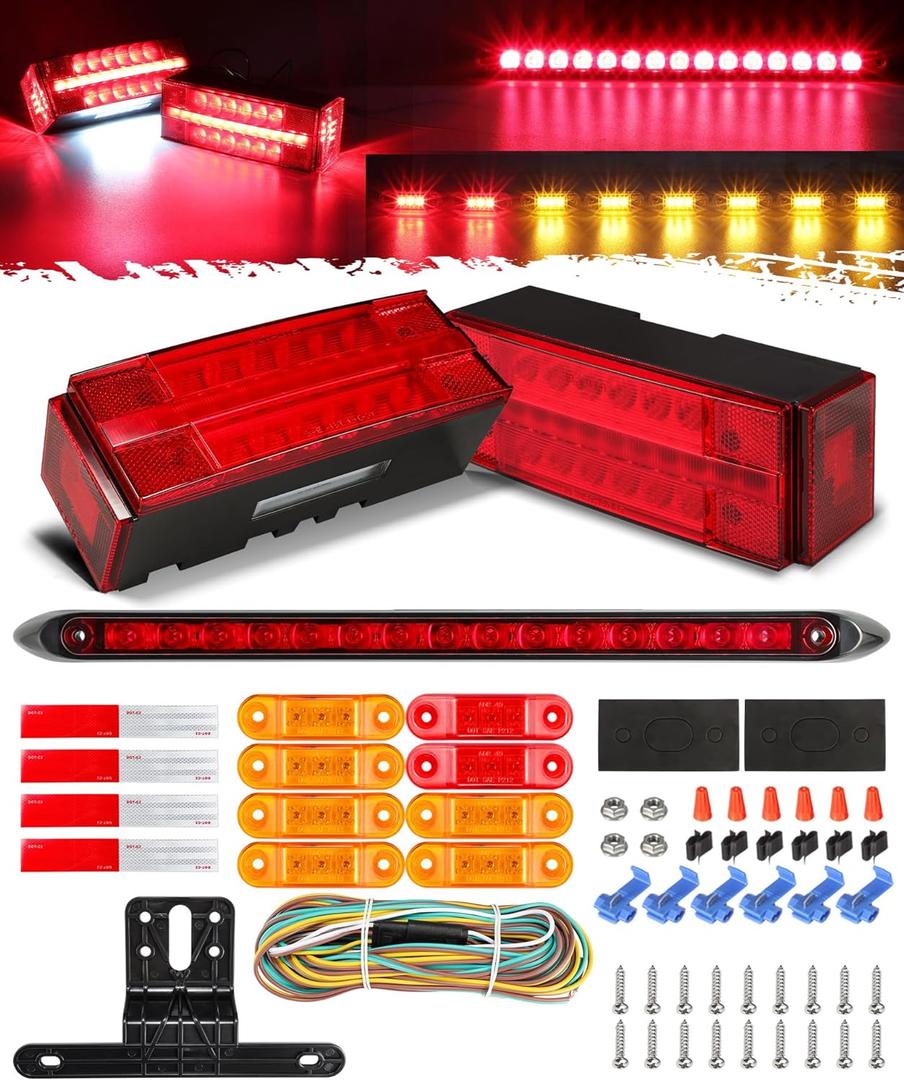 Partsam Submersible LED Trailer Tail Light Kit, Rectangular Trailer Lights+ID Bar+8 Markers, Combined Stop Turn License Plate Running Lamps with 25FT Wiring Harness Reflective Stickers, 12V