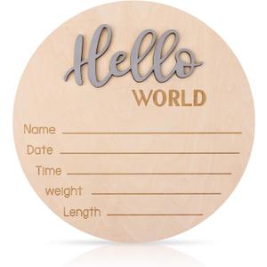 lasuroa Baby Announcement Sign, 5.9 Inch Wooden Hello World Newborn Welcome Sign Birth Announcement Name Plate for Hospital Nursery (Gray)