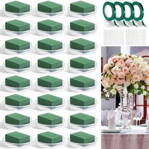 Sabary 24 Sets Flower Foam with 6 Inch Clear Plastic Bowl for Floral Arrangements Wet Floral Foam 4 Roll 32.8 yd Tape 60 Gram White Adhesive for Tall Vases Centerpiece Table Party Wedding Decor