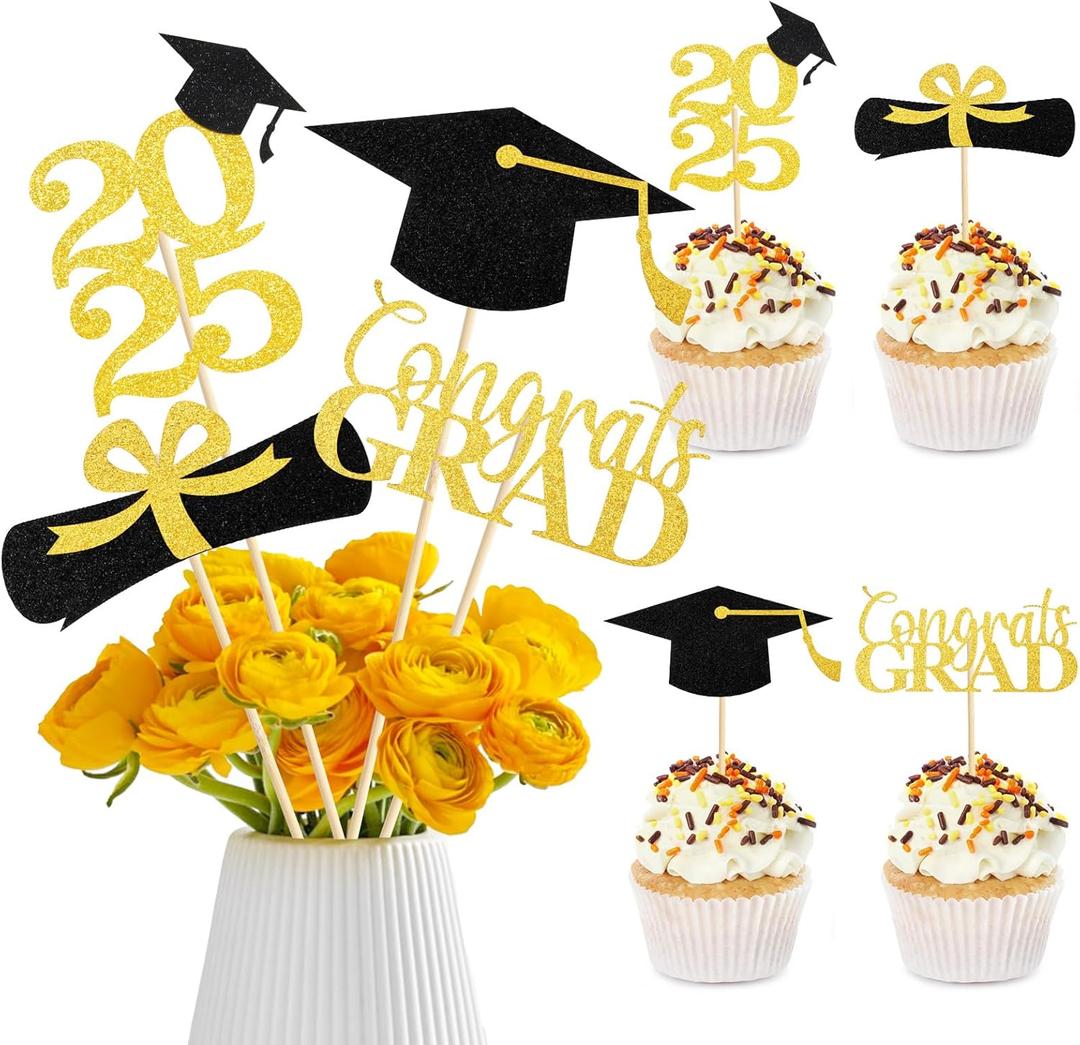 40PCS Graduation Decorations 2025 Set  24 Cupcake Toppers & 16 Table Centerpieces, Non-Shedding Glitter Table Toppers, Double-Sided Class of 2025 Grad Party Decorations (Black Gold)
