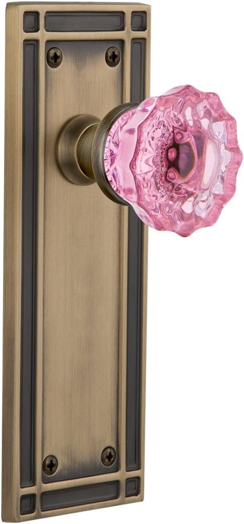 Nostalgic Warehouse 723388 Mission Plate Double Dummy Crystal Pink Glass Door Knob in Antique Brass