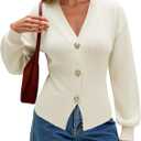 ECOWISH Cardigan Sweaters for Women 2025 Fall Long Sleeve V Neck Button Down Cropped Sweater Winter Ribbed Knit Outwear (Large, 475 White)