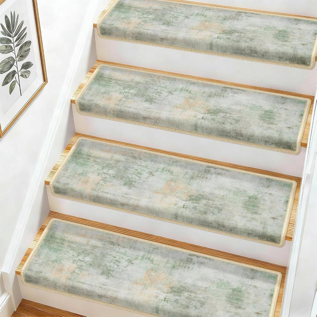 Bullnose Stair Treads for Wooden Steps,Non-Slip Carpet Stair Treads | Peel and Stick Stair Runner, Pet Friendly Indoor Stair Protectors, Soft Washable Reusable,9.5x30 14Pcs,Green