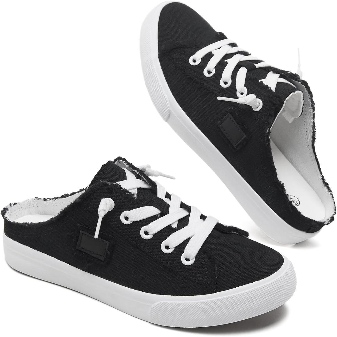 BENPAO Women's Slip on Sneakers Canvas Slip ons Shoes Fashion Comfortable Mules Womens Non Slip Loafers Casual Backless Shoes (9, Black)