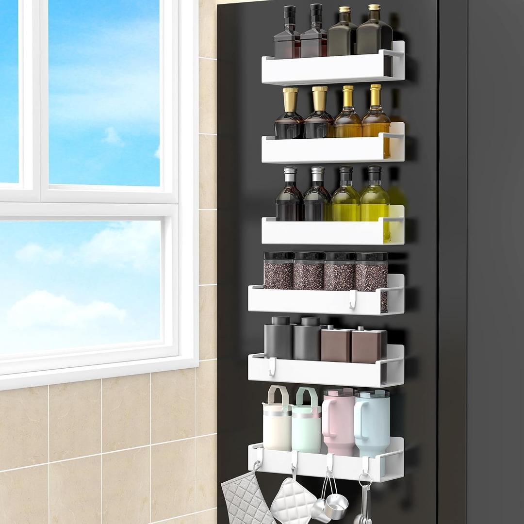 HuggieGems 6 Pack Magnetic Spice Rack Organizer for Refrigerator and Oven, White Fridge Organizers and Storage for Kitchen