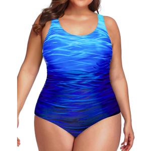 Daci Women Plus Size One Piece Swimsuit Athletic Tummy Control Ruched Bathing Suit with U-Back (Blue, 16W)