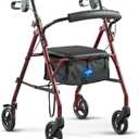 Medline Steel Rollator Walker with Seat, Burgundy, 350 lb. Weight Capacity, 6 Wheels, Foldable, Adjustable Handles, Rolling Walker for Seniors, Walker for Mobility Impaired