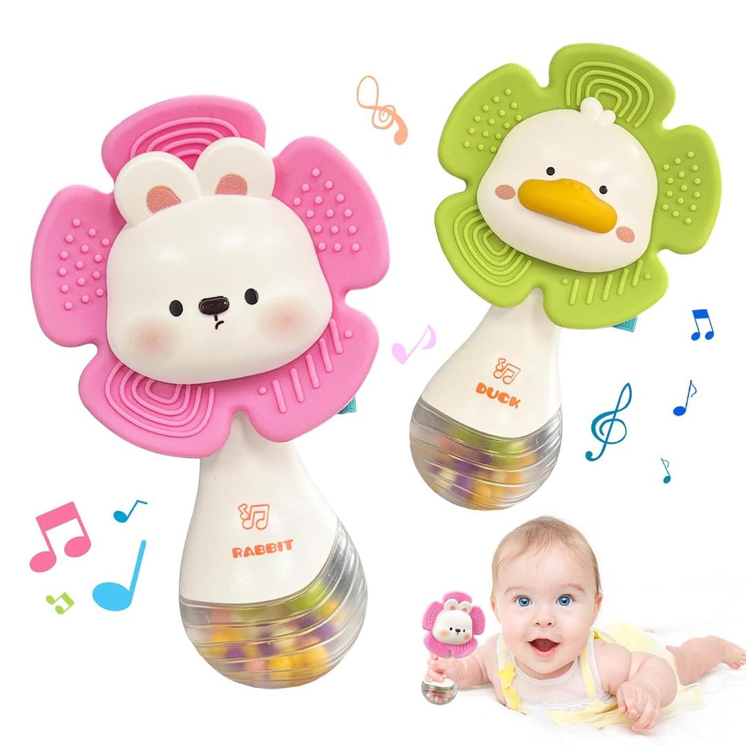 Weirtoya 2 PCS Baby Rattles Teething Toys 3-6 Month, Baby Toys for 0-12 Months Sensory Toys Infant Toys 0-6 Months, Newborn Boys and Girls Must Haves Toys Babies Gifts