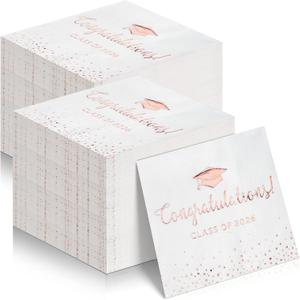200Pcs Class of 2026 Graduation Napkins, Disposable Congratulation Grad Paper Cocktail Napkins Square Guest Hand Towel for 2026 High School University College Graduation Party DecorationsPink