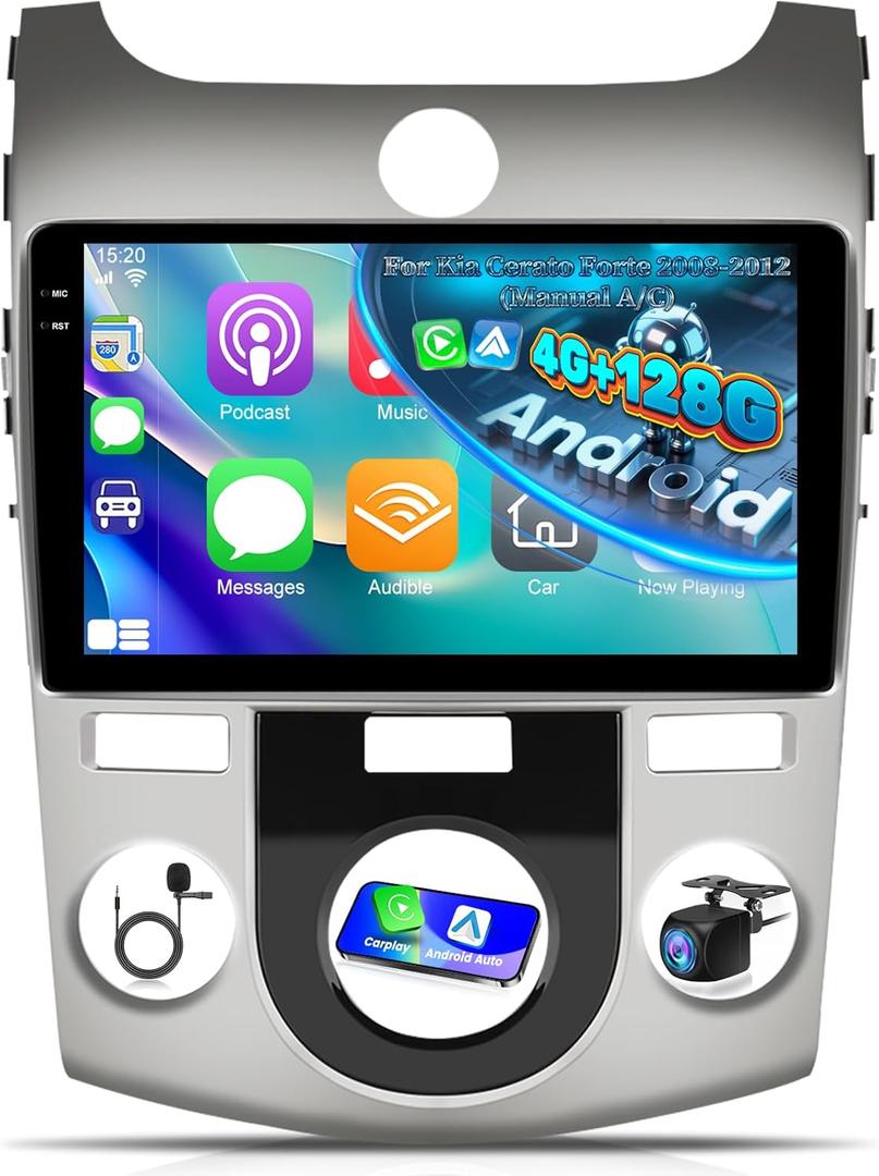 [4+128G] Android 15 Car Radio for Kia Cerato Forte 2008-2012 (Manual A/C) - Wireless Carplay and Android Auto - 9 Inch Incell Touchscreen Car Stereo - EQ/GPS / 5GHz WiFi/SWC + AHD Backup Camera