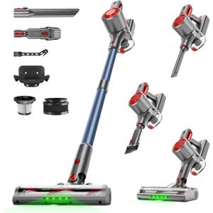 Cordless Vacuum Cleaner for Home, Powerful Stick Vacuum with Rechargeable Battery, Green Light Anti-Tangle Brush, 6-in-1 Lightweight Handheld Vacuum for Pet Hair, Hard Floor, Carpet, Red