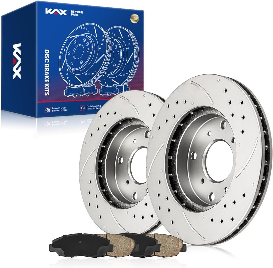 KAX Front Brake Kit, Drilled and Slotted Brake Rotors, Ceramic Brake Pads | Fits Honda Accord 1998 1999 2001 2002 (Sedan 2.3L Only; 4 Lugs), Automotive Replacement Brale Kit (31243-D465A)