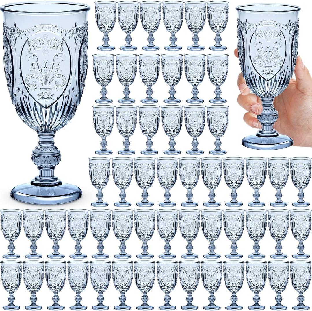 Wiwiqing 60 Pack Plastic Goblets 10oz Upgrade Vintage Water Goblet Plastic Wine Glasses Colored Retro Embossed Glassware for Party Wine Bar Juice Baby Shower Wedding Reception Grand (Blue) (EXP 12/31/56)