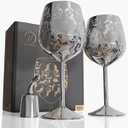 Vaanshie 17oz Stainless Steel Wine Glasses [Set of 2] – Silver Royal Goblets with Intricate Baroque Engravings, Unbreakable and Shatterproof Wine Cups with Bottle Stopper for Travel, Mother's Day Gift