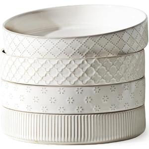getstar 7.5" Ceramic Pasta Bowls Set of 4, Deep Stoneware Salad Plates Pasta Plates Shallow Bowls for Serving Soup Dinner, Microwave & Dishwasher Safe, Textured Stripes & Speckled White