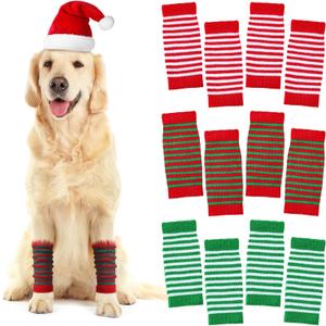 Shihanee 12 Pcs Christmas Dog Leg Warmer Knitted Winter Socks Pet Dog Leg Hock Protector Classic Stripe Elbow Protective Sleeve Joint Elbow Supports for Christmas Winter New Year