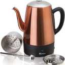 Euro Cuisine PER08 Stainless Steel Electric Coffee Percolator, 8 Cup, Polished Copper Finish, Dripless Gooseneck Spout, Clear Glass Knob, Brewing Indication, Keep-Warm Function, Detachable Cord