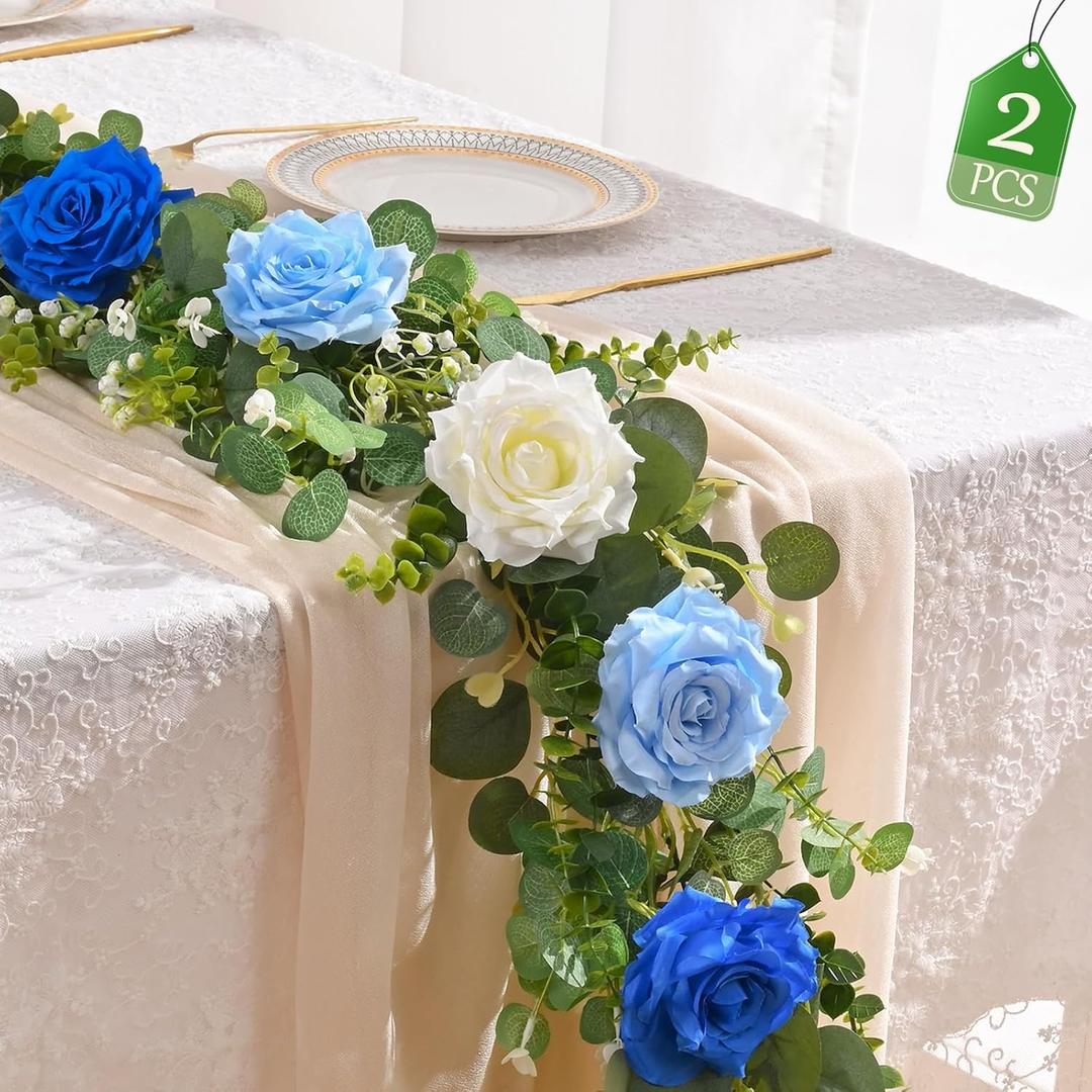 Livole 2Pcs 13 Ft Artificial Flower Garlands Real Touch Fake Floral Silk Blue Rose Garland Hanging Vine for Wedding Table Centerpieces Party Arch Ceremony Garlands Backdrop Decor