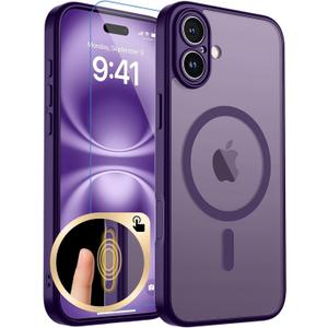 Magnetic for iPhone 16 Plus Case, Upgraded [Camera Control Button] [Full Camera Protection] [with 1 Screen Protector] Translucent Matte Shockproof Protective Phone Cover, Deep Purple