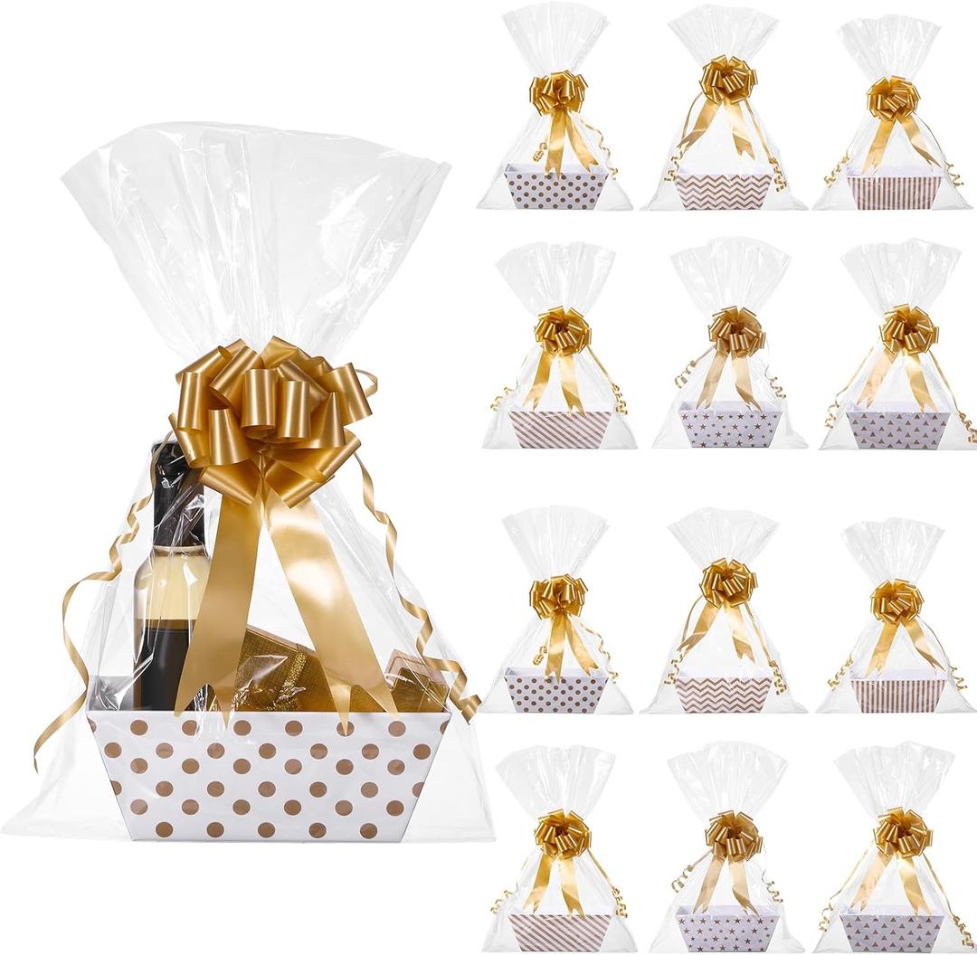 Canlierr 50 Pcs Basket for Gifts Empty Include 12 Pcs 8" x 6" x 3" Basket Empty to Fill with Handles 18 Pull Bows and 20 Clear Plastic Bags for Wedding Birthday Party Gift Wrapping(Golden)