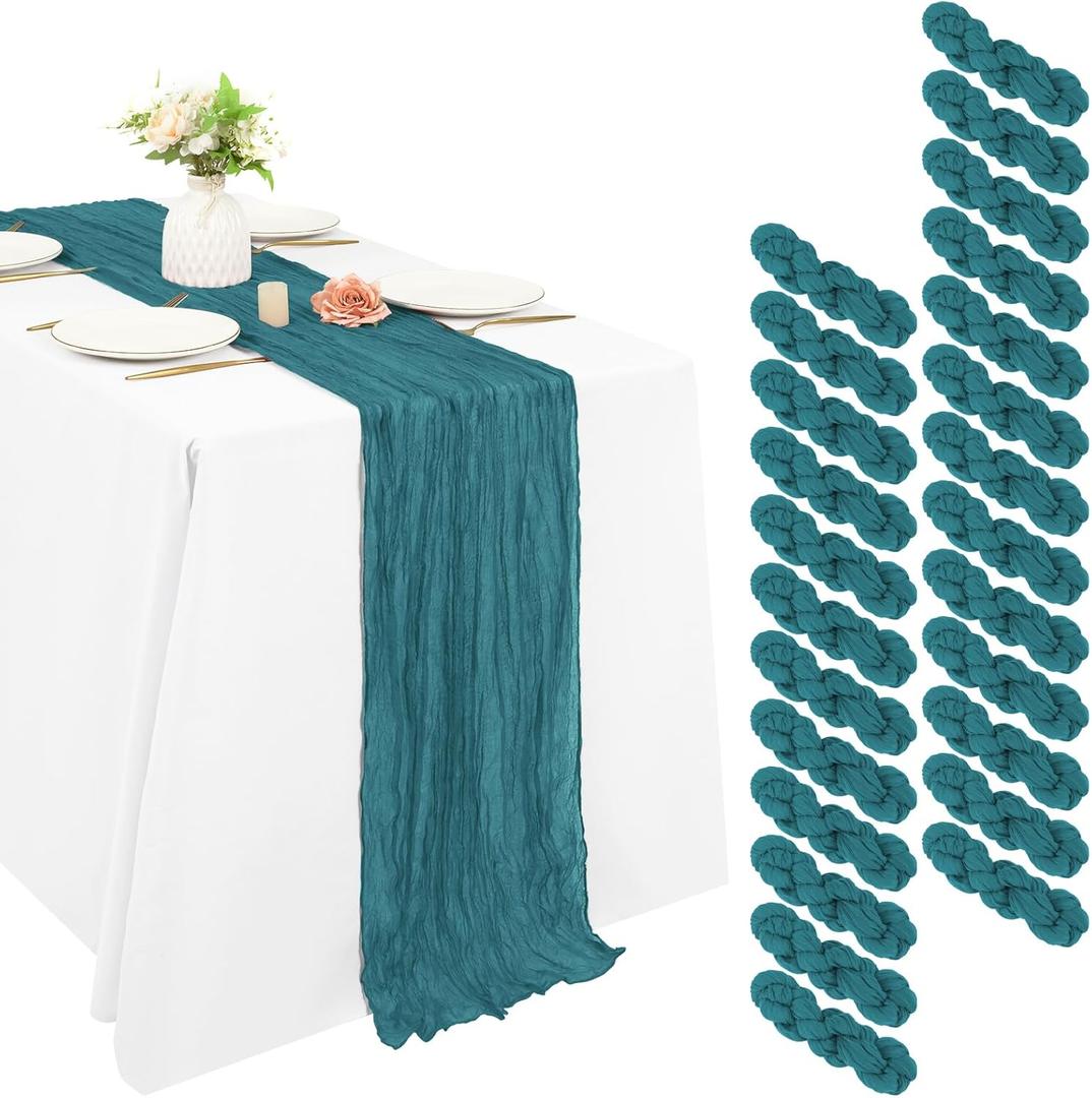 25 Pack Cheesecloth Table Runner 20 x 120 inch Long Boho Gauze Table Runners 10FT Semi Sheer Table Runner for Wedding Decor, Baby Shower, Birthday Party, Banquet (Dark Teal)