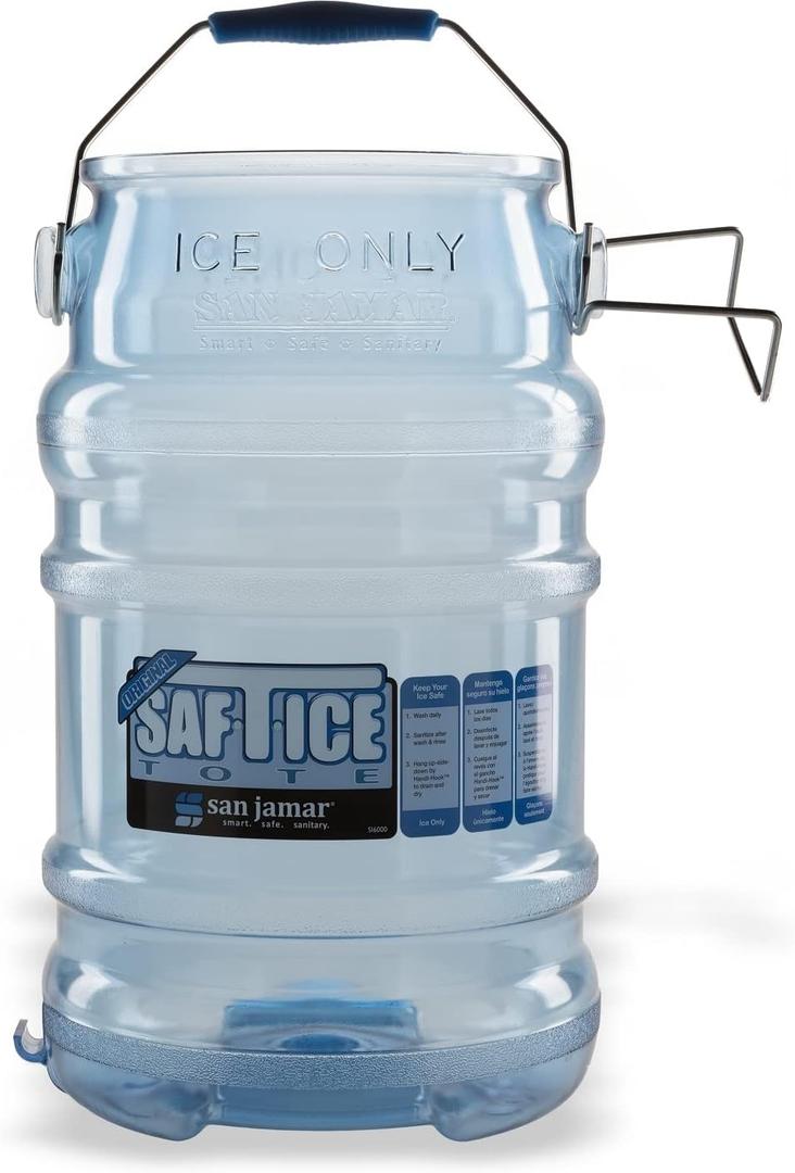 San Jamar Saf-T-Ice Plastic Ice Tote, Ice Bucket with Drying and Storage Hook for Restaurants, Bars, Catering Events, Buffets, 6 Gallons, Blue