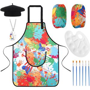 XLSXEXCL Artist Costume for Kids, Painter Dress Up Set with Colorful Artist Apron and Sleeves, Palette, Brush, Necklace, and Black Hat, Kids Painter Costume Accessories for Boys and Girls (Style 1)
