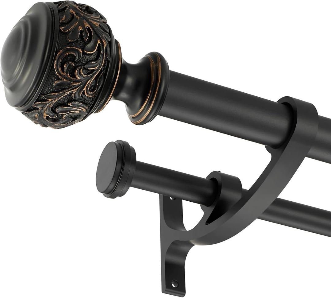 Double Curtain Rod, 1 inch Window Telescoping Drapery Double Rod 144 to 164 Inches (12-13.6 Feet), Classical Ball Finials,Premium Aluminum Brackets,Matte Black