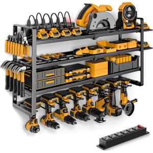 Power Tool Organizer Wall Mount with Charging Station, 4 Layer 8 Slots Cordless Drill Holder for Garage Storage, Utility Racks Max 420lbs Load With 6 Outlet Power Strip for Fathers Men Gift