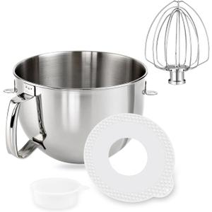 6 QT Stainless Steel Mixer Bowl & K256 Whisk for KitchenAid 5.5-6 Quart Bowl Lift Stand Mixer Replacement, 6 Wire Whip and Mixing Bowl with Cover for KitchenAid Mixers Attachments