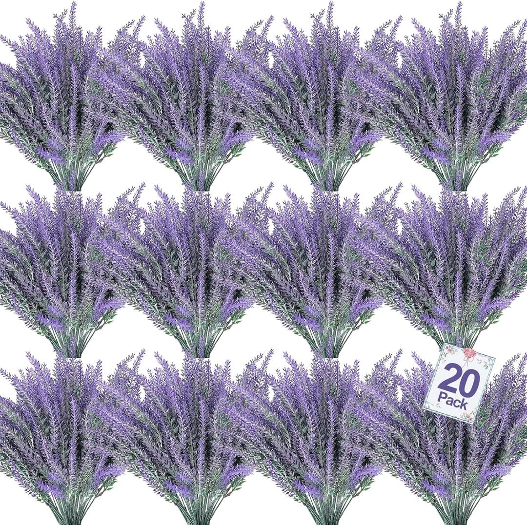 TURNMEON 20 Bundles Artificial Lavender Flowers for Outdoors Summer Decor,UV Resistant No Fade Fake Plants Plastic Faux Plants for Home Window Box Planter Porch Garden Home Cemetery Decor (Gray Purple)