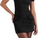 Women's Summer Short Sleeve High Neck Business Pencil Skirt Fashional A-Line Mock Neck Bodycon Formal Dress (Black, XL)