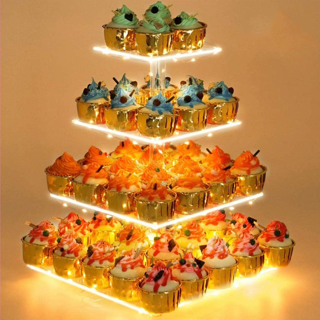 YestBuy Cupcake Stand with Yellow Led Lights, 4 Tier Cupcake Stand for 50 Cupcakes, Acrylic Cupcake Tower Stand, Clear Tiered Cupcake Holder for Birthday Cady Bar Décor Weddings, Parties Events