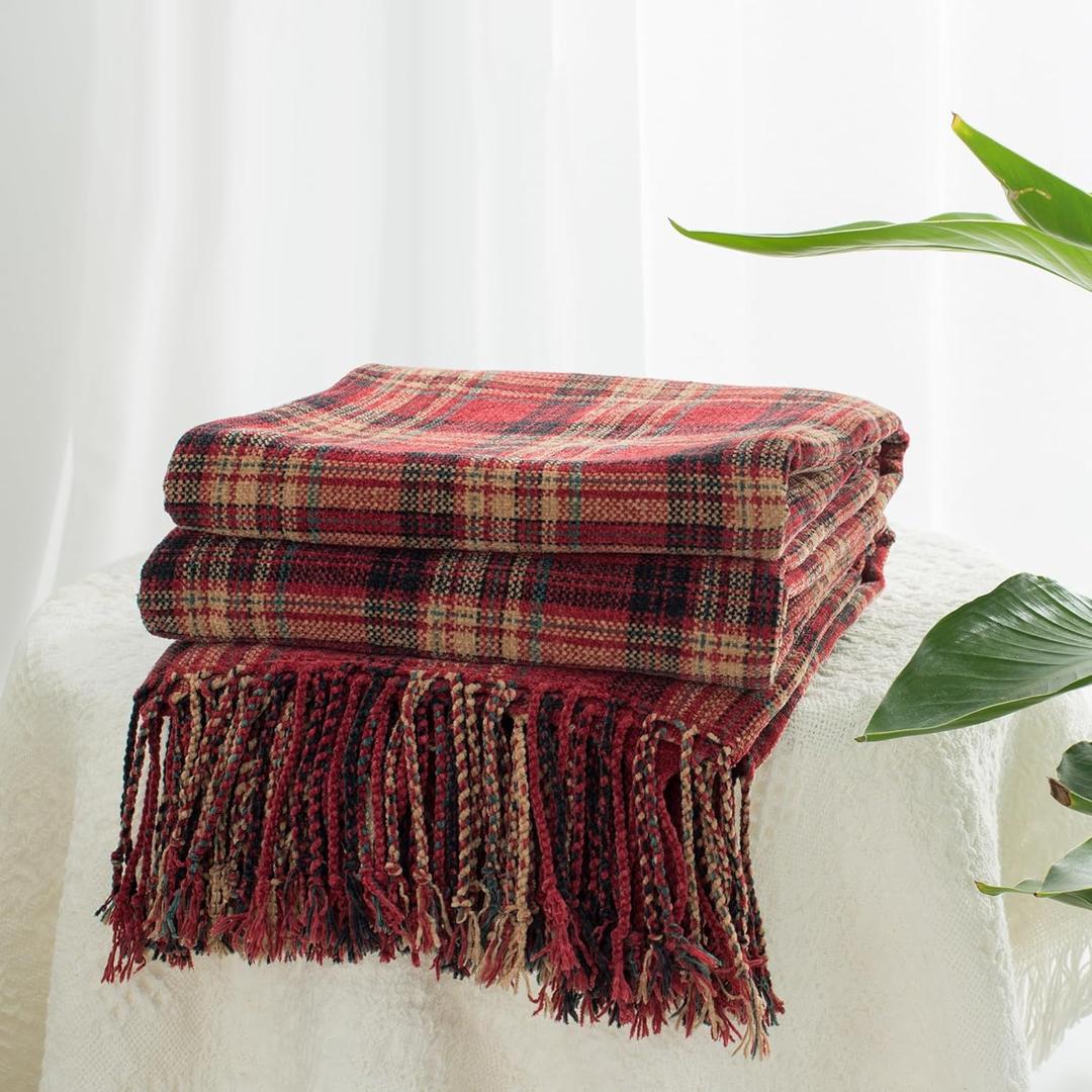Chenille Plaid Throw Blanket for Couch with Tassels,60"X80" Soft Lightweight Knitted Boho Decorative Blankets for Bed and Sofa,Red