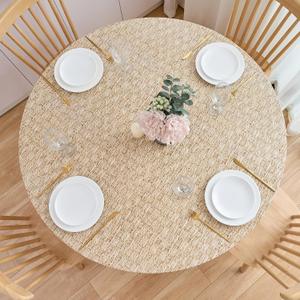 NLMUVW Round Fitted Vinyl Tablecloth with Elastic Edge 100% Waterproof Oil Proof PVC Table Cloth Wipe Clean Table Cover for Indoor and Outdoor, Wood Check, 45"- 56"