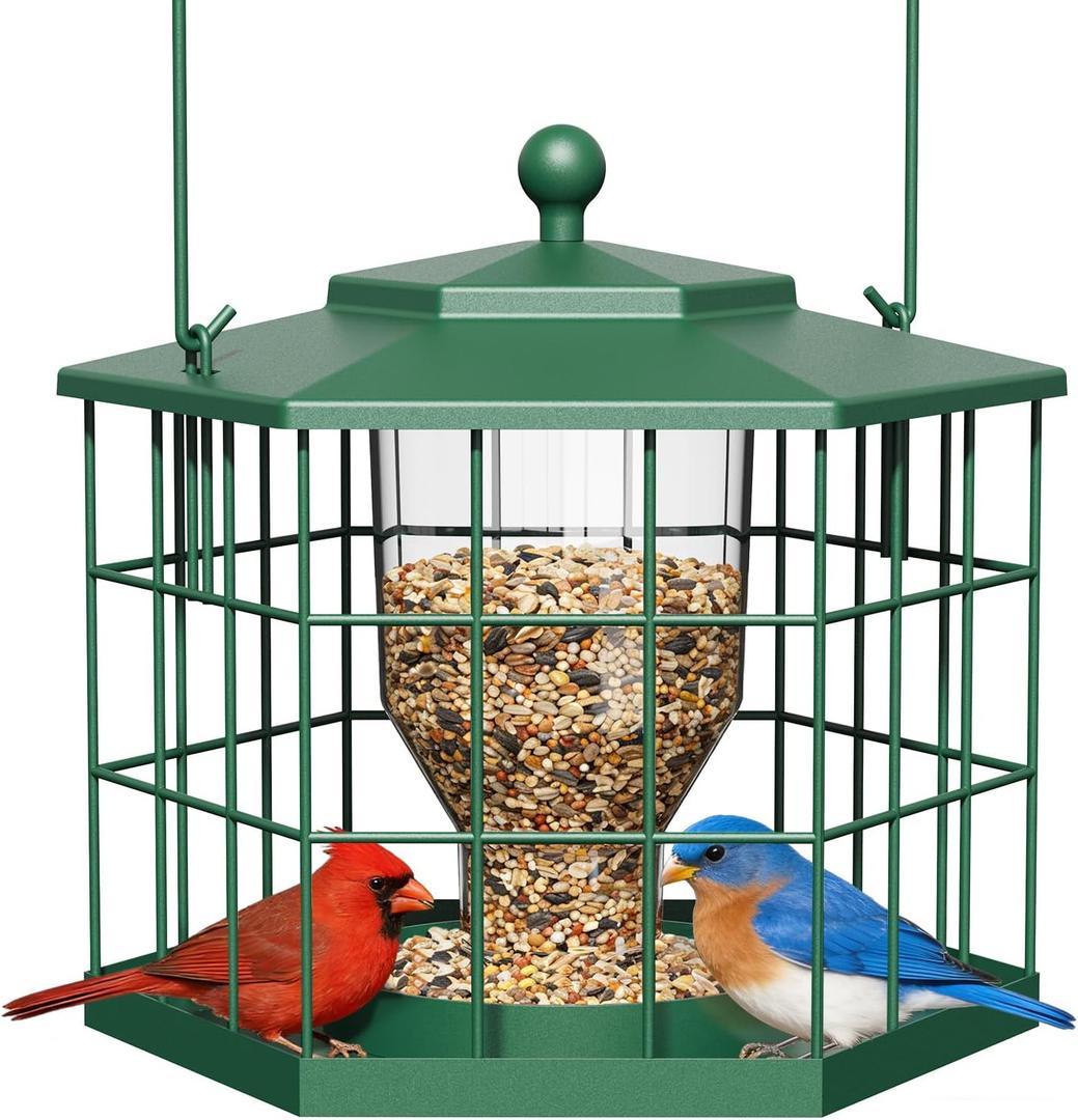 Birdream Squirrel Proof Bird Feeders for Outdoor Hanging, Metal Cage Bird Feeder with Rain Proof Covered for Wildbirds Bluebird Finches, Green