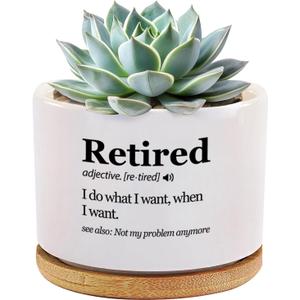 Retired Definition Retirement Gifts Ceramic Succulent Plant Pot with Bamboo Tray Round Coworker Boss Home Office Decor Plant Lover 3.5 Inch White (No Plants)