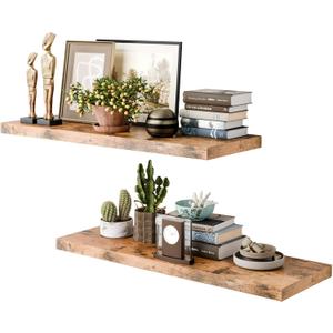 36 Inch Long Floating Shelves for Wall, Rustic Brown 12 Inch Deep Floating Shelves Set of 2, Wall Shelves for Bathroom Over Toilet, Live Edge Display Shelf with Invisible Brackets, Home Decor (35.5 in W x 11.6 in D x 1.5 in H, Rustic Brown Deep Floating Shelves)