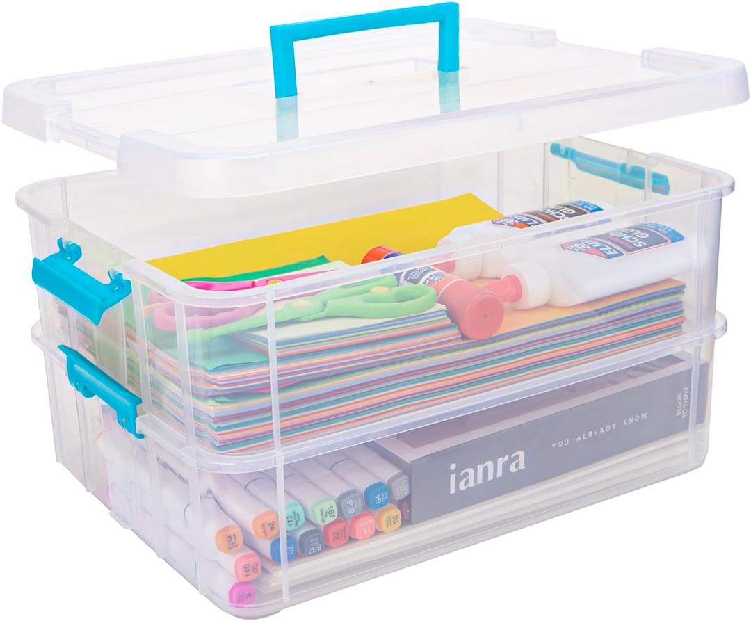 2 Layer Plastic Storage Containers with Lids, Multipurpose Clear Stack & Carry Box, Portable Craft Organizers and Storage Bin for Organizing Art & Craft, Sewing, Makeup, Nail Supplies (Blue)