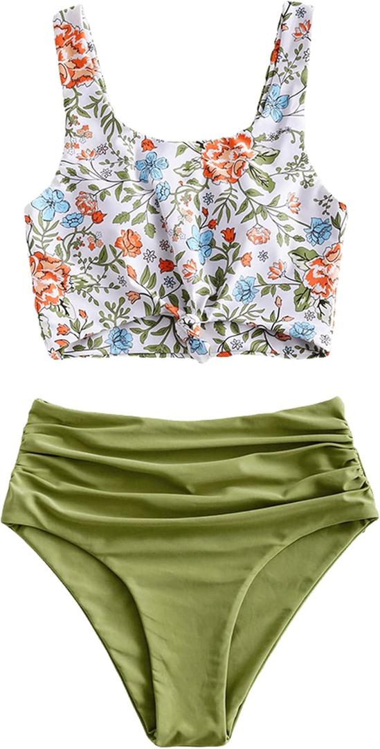 ZAFUL Women's High Waisted Tankini Scoop Neck Knotted Two Pieces Tankini Set Swimsuit (Large, 4-green Onion)