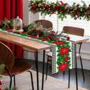 OTOSTAR Black and White Buffalo Check Plaid Holly Christmas Flowers Table Runner, Xmas Seasonal Winter Holiday Kitchen Dining Table Decoration for Home Party Decor 13x108 Inch