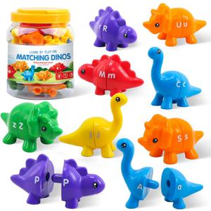 Montessori Learning Toys for Toddlers 1-3, Matching Letters Fine Motor Toy, Double-Sided 26 PCS ABC Dinosaur Alphabet Games for Kids Ages 3-5, Alphabet Learning Dinosaur Set for Kindergarten