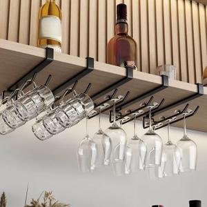 Wine Glass Holder Under Cabinet 2PCS, Stemware Rack Hanger Under Cabinet Wine Glass Rack Kitchen Hanging Storage Rack Organizer, Black