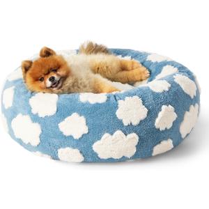 Lesure Donut Small Dog Bed - Round Cat Beds for Indoor Cats Calming Pet Beds, Cute Modern Beds with Jacquard Shaggy Plush & Anti Slip Bottom, 23 Inch, Blue (S (23x23x8), Cozy Clouds Blue)