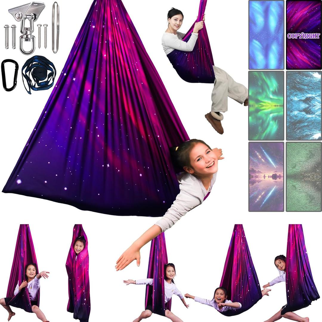 Sensory Swing for Kids & Adults Holds up to 300lbs Indoor & Outdoor Double Layer Therapy Cuddle Swing with 360 Swivel Hanger Kit for Calming, Effect for Autism, ADHD or SPD. (Galaxy Purple)