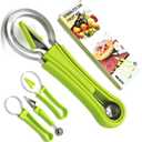 4 In 1 Stainless Steel Fruit Carving Tools Set, Melon Baller Scoop Set,watermelon scooper fruit scooper and baller, fruit carving tools,Perfect Tools for Making Fruit Shapes (Green)