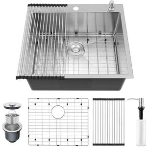 Onader 25x22 Inch Drop In Kitchen Sink, 16 Gauge Stainless Steel Brushed Nickel Single Bowl, Modern Kitchen Sink with Accessories, 10 Inch Deep, 25x22x10 Inch