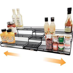 3 Tier Wide Expandable Cabinet Spice Rack Organizer (14.5" to 29.1") - Step Shelf with Protection Railing, Black