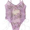 Lilosy Women Sexy Lace Up Floral Embroidered Teddy Lingerie Bodysuit Top Mesh Sheer One Piece, Medium