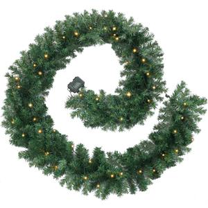 9FT Pre-Lit Christmas Garland with 50 LED Lights, 220 Lush Green Branches Battery Operated, 8 Modes IP44 Waterproof Timer, Warm White for Indoor Outdoor Holiday Mantle Stair Decor
